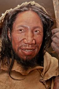 A dark-skinned man with black, shiny hair going down to his shoulders, a slight moustache, a goatee, brown eyes, weak eyebrows, wearing a tailored shirt and holding a long spear to support himself