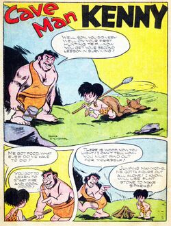 3 panels, a brawny man standing to the left and a child to the right on the grass in front of a cave. The man is holding a hammer in his right hand and has only 2 teeth visible, the child a spear and dragging a cat behind him, and both are dressed in wraps around their waist with a strap around one shoulder. The man says, "Well, son, you did very well on your first hunting trip...now you get your second lesson in surviving!" The child says, "Me got food, what else do me have to do?" to which the man responds, "You got to learn to start fire and cook food!" The third panel shows the child looking at a small tipi pyre, the man walks away and says, "There is wood, now you light! I can't tell how—you must find out for yourself!" and the child says to himself, "Jumping mammoths. Me gotta figure out all alone! I know, will use flint stone to make sparks!"