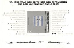 A 1995 German stamp (worth 1 Deutschmark), printed on white paper. On top, the text in German reads "50th anniversary of the liberation of prisoners from the concentration camps". A stylised fragment of prisoner's clothes and some barbed wire appear in the post stamp area; the sheet containing it additionally includes names of concentration and extermination camps, including KL Warschau