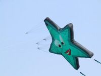 Star-shaped kite above a meadow south of Hockenheim, Germany. This sparless, ram-air inflated kite, has a complex bridle formed of many strings attached to the face of the wing.