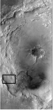 Context for next image of Bamberg crater. Box shows where the next image came from. This is a CTX image from Mars Reconnaissance Orbiter.
