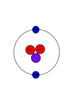 The nucleus is depicted by two red circles with inscribed plus symbols and one purple circle with no inscription. Around the nucleus there is a black ring - a symbol of an electron shell. On it are two teal circles with inscribed minus symbols, depicting electrons.