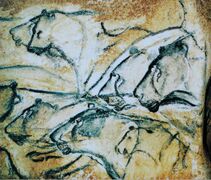 Upper Paleolithic cave painting depicting cave lions, found in the Chauvet Cave, France [35]