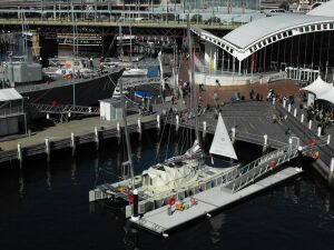 Plastiki on display at the Australian National Maritime Museum following her Pacific crossing