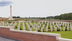A cemetery of couple hundred white headstones with a terrain of well-manicured grass with plants between each headstone. The cemetery is surrounded by a waist-high red brick wall.