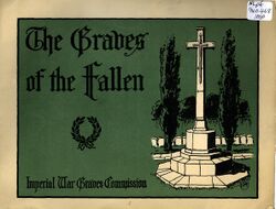 A wire image of a white Cross of Sacrifice on a background of green with the text "Graves of the Fallen" and "Imperial War Graves Commission".