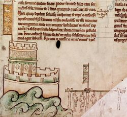 A manuscript drawing of a castle with four people being hanged in the bottom right.