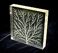 High voltage breakdown within a 4″ block of acrylic creates a fractal Lichtenberg figure.
