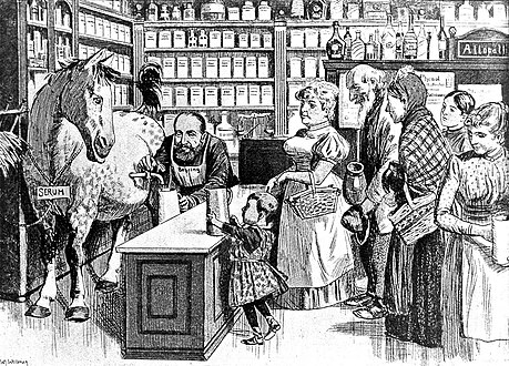 German caricature showing von Behring extracting the serum with a tap.