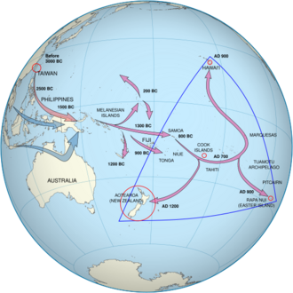 One set of arrows point from Taiwan to Melanesia to Fiji/Samoa and then to the Marquesas Islands. The population then spread, some going south to New Zealand and others going north to Hawai'i. A second set start in southern Asia and end in Melanesia.