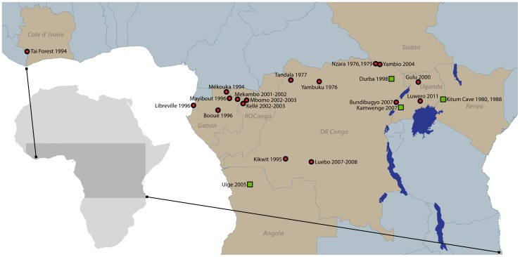 Ebola (and Marburg virus depicted as green squares) outbreaks on the African continent, both from the Filoviridae family[15][356]