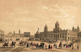 Colonial Plaza de Armas de Santiago in 1854 by Claude Gay.[19] In the foreground you can see the still intact Palace of the Real Audiencia of Chile, and in the background the unfinished Cathedral, both built by the Italian Joaquin Toesca.