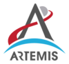An arrowhead combined with a depiction of a trans-lunar injection trajectory forms an "A", with an "Artemis" wordmark printed underneath