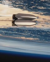 Artist conception of the transferring of propellant from a Spacex refueling tanker to an Interplanetary Spaceship (bottom), in Earth orbit (2016)