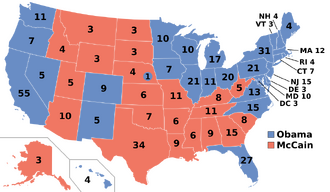 Results for the 2008 United States presidential election, depicting Obama winning many states in the Northeast, Midwest, and Pacific West, and Florida, and McCain winning many states in the South and Rocky Mountains.