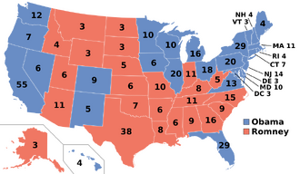 Results for the 2012 United States presidential election, depicting Obama winning many states in the Northeast, Midwest, and Pacific West, and Florida, and Romney winning many states in the South and Rocky Mountains.