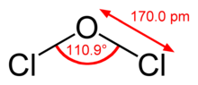 Structure of dichlorine monoxide; Cl-O bond length is 170.0 pm, bond angle is 110.9°.