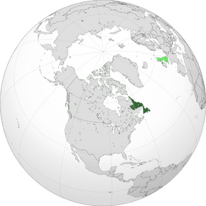 Map of the Dominion of Newfoundland (in dark green) in relation to the United Kingdom (in light green)