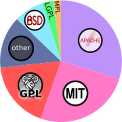 A pie chart displays the most commonly used open source license as Apache at 30%, MIT at 26%, GPL at 18%, BSD at 8%, LGPL at 3%, MPL at 2%, and remaining 13% as licenses with below 1% market share each.