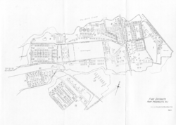 A birds-eye-view rudimentary map of Fort Monmouth labeled “Fire Districts Fort Monmouth, NJ.”