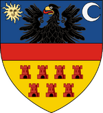 Blue, red and yellow shield with an eagle, the sun, moon and seven castle turrets