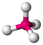 Skeletal model of a terahedral molecule with a central atom (oganesson) symmetrically bonded to four peripheral (fluorine) atoms.