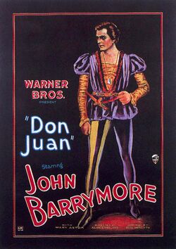 Illustration of a man dressed in an orange-and-purple Elizabethan costume with puffy shoulders and sheer leggings. Accompanying text provides film credits, dominated by the name of star John Barrymore.