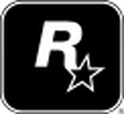 A capital "R" in white with a five-pointed, black star with a white outline appended to its lower-right end. They lay on a black square with a thick white border, a thin black outline, and rounded corners.