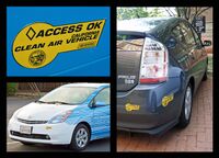California 's clean air bumper sticker used to allow HEVs to access HOV lanes. Shown a RechargeIT's plug-in converted Prius (left) and a conventional Toyota Prius (right).