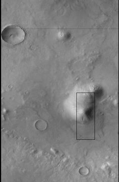 CTX image of the next image showing a wide view of the area. Since the hill is isolated it would be difficult for an aquifer to develop. Rectangle shows the approximate location of the next image.