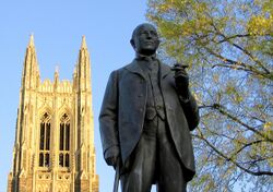 Statue of James B. Duke in foreground with Duke Chapel behind