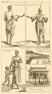 Engraving showing Siamese officials, a woman with a child, and traditional stilt houses.