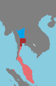 The Ayutthaya heartland (red), invaded territories (light red) and the Northern Cities (blue) in the 14th century