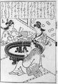Two women and a man warming themselves by a hibachi