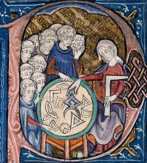 Detail of a scene in the bowl of the letter 'P' with a woman with a set-square and dividers; using a compass to measure distances on a diagram. In her left hand she holds a square, an implement for testing or drawing right angles. She is watched by a group of students.