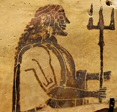 Poseidon holding a trident. Corinthian plaque, 550-525 BC. From Penteskouphia.