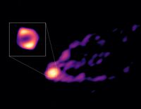 M87* with a long relativistic jet extending from it. The Event Horizon Telescope image of the black hole is inset.