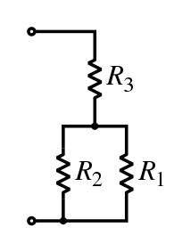 A diagram of three resistors, two in parallel, which are in series with the other