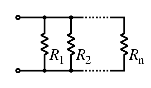 A diagram of several resistors, side by side, both leads of each connected to the same wires