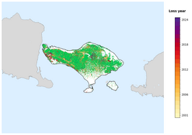 Map of Bali showing tree-cover loss years, with forest remaining since 2000 in green and loss years shaded yellow through purple.