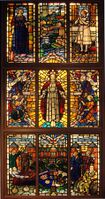 Mid-20th-century window showing a continuation of ancient and 19th-century methods applied to a modern historical subject. Florence Nightingale window at St Peters, Derby, made for the Derbyshire Royal Infirmary