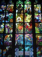 Window by Alfons Mucha, Saint Vitus Cathedral Prague, has a montage of images, rather than a tightly organised visual structure, creating an Expressionistic effect.