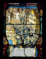Glass painting depicting Mordnacht (murder night) on 23/24 February 1350 and heraldry of the first Meisen guild's Zunfthaus, Zürich, Switzerland (c. 1650)