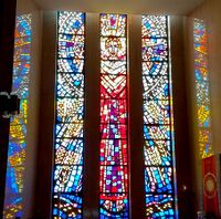 Chapel stained glass showing the Resurrection of Jesus, All Saints Cemetery Community Mausoleum, Des Plaines, Illinois