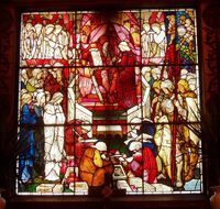 David's charge to Solomon shows the strongly linear design and use of flashed glass for which Burne-Jones' designs are famous. Trinity Church, Boston, US (1882)