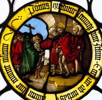 German glass, Nuremberg, after a drawing by Sebald Beham, c. 1525. Silver stain produces a range of yellows and gold, and painted on the reverse of the blue sky, gives the dark green of the cross.[16]
