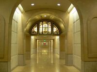 Stained glass in the crypt mausoleum of the Cathedral of Our Lady of the Angels, Los Angeles, California