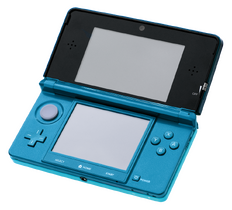 The Nintendo 3DS, a portable 3D gaming device that contained glasses-free 3D and was released during the height of the 3D fad in the 2010s. Its flagship title was Super Mario 3D Land.