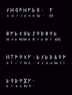 Three groups of one line in Iberian script and one line in Latin transliteration.