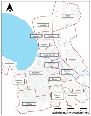 Administrative microdistricts of Kokshetau, Kazakhstan.png